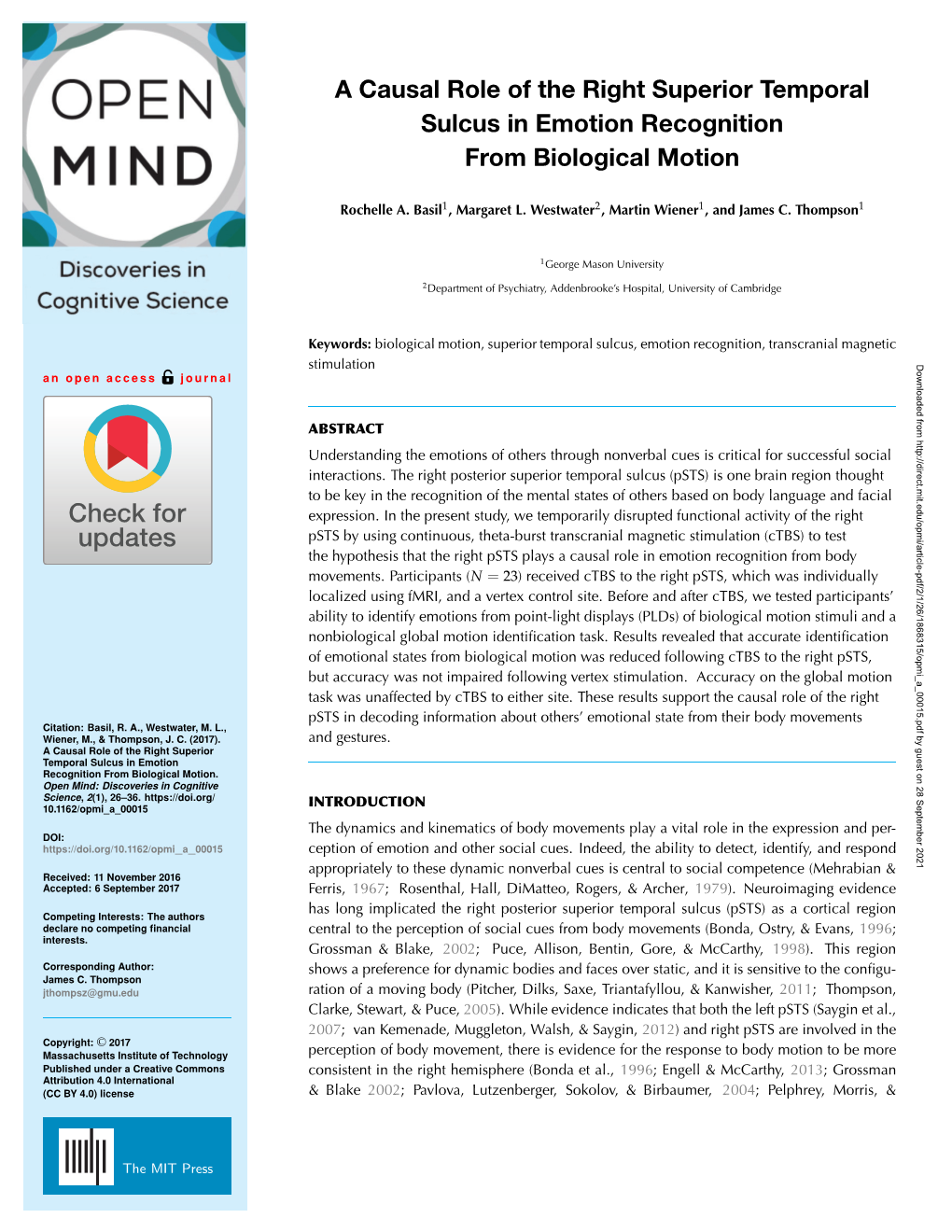 A Causal Role of the Right Superior Temporal Sulcus in Emotion Recognition from Biological Motion