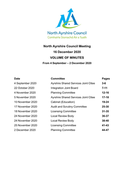 North Ayrshire Council Meeting 16 December 2020 VOLUME of MINUTES from 4 September – 2 December 2020