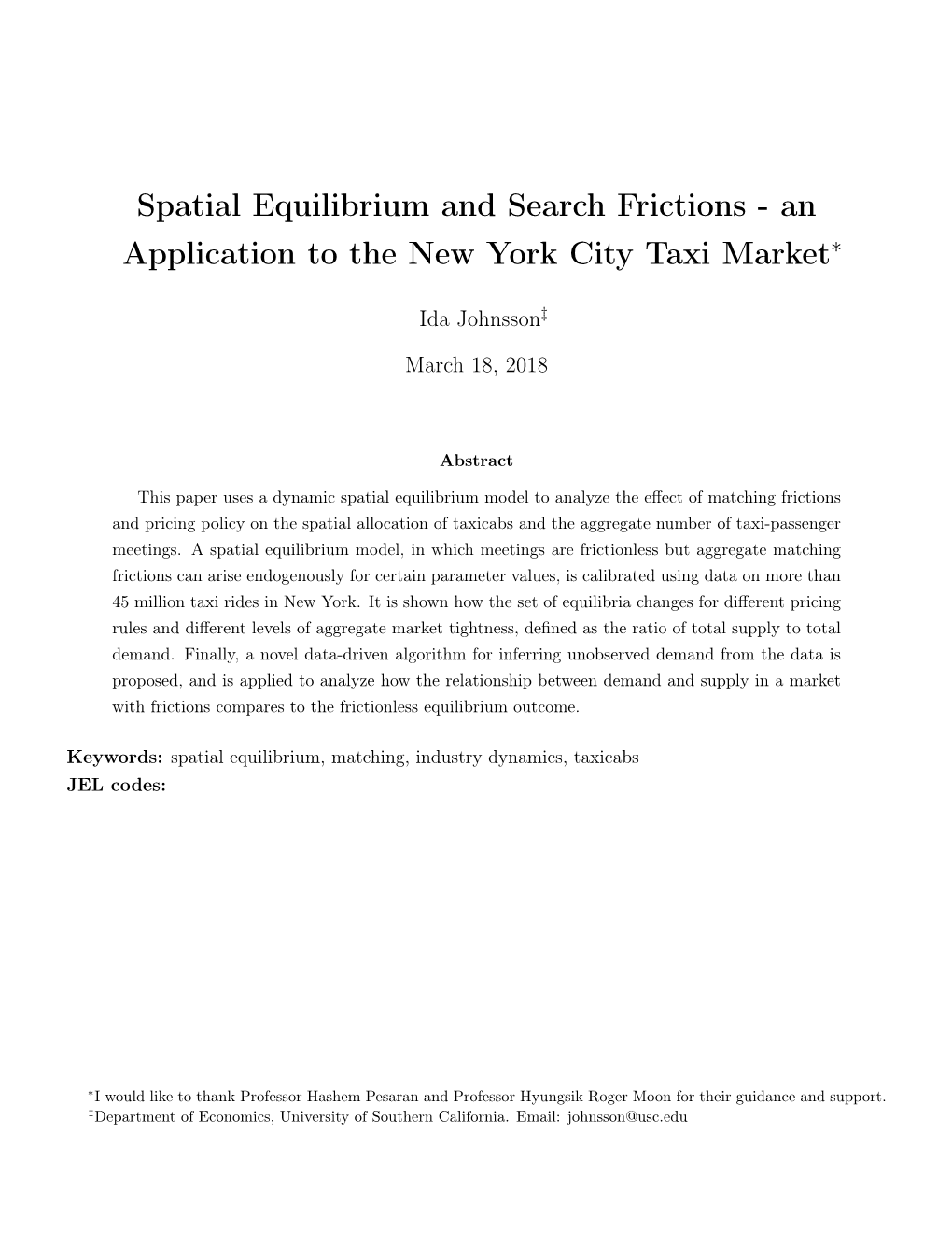 Spatial Equilibrium and Search Frictions - an Application to the New York City Taxi Market∗