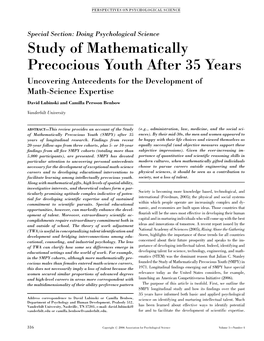 Study of Mathematically Precocious Youth After 35 Years Uncovering Antecedents for the Development of Math-Science Expertise David Lubinski and Camilla Persson Benbow