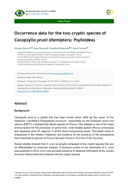 Occurrence Data for the Two Cryptic Species of Cacopsylla Pruni (Hemiptera: Psylloidea)