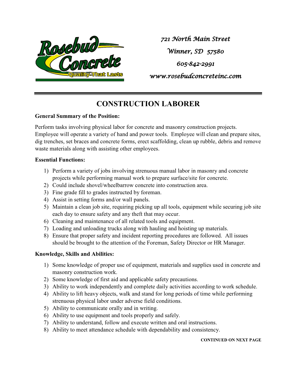 Construction Laborer Job Description