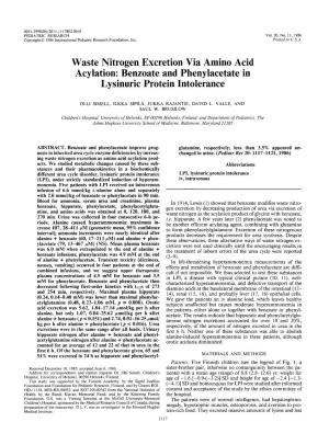 Waste Nitrogen Excretion Via Amino Acid Acylation: Benzoate and Phenylacetate in Lysinuric Protein Intolerance