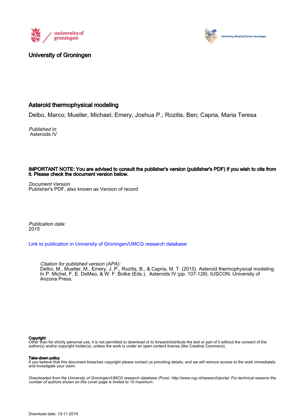 University of Groningen Asteroid Thermophysical Modeling Delbo