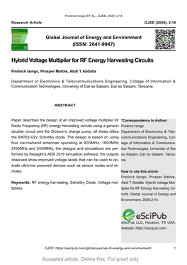Hybrid Voltage Multiplier for RF Energy Harvesting Circuits