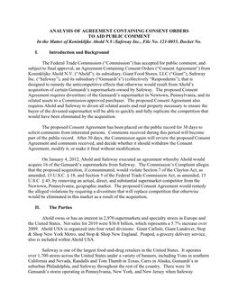 ANALYSIS of AGREEMENT CONTAINING CONSENT ORDERS to AID PUBLIC COMMENT in the Matter of Koninklijke Ahold N.V./Safeway Inc., File No