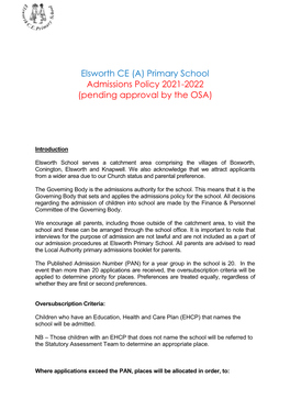 Elsworth CE (A) Primary School Admissions Policy 2021-2022 (Pending Approval by the OSA)