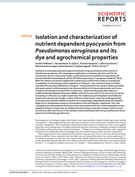 Isolation and Characterization of Nutrient Dependent Pyocyanin from Pseudomonas Aeruginosa and Its Dye and Agrochemical Properties Savitha Debritto1,2, Tanzeembanu D