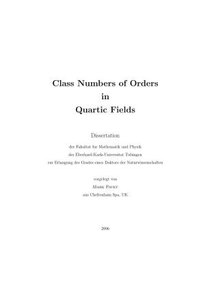 Class Numbers of Orders in Quartic Fields