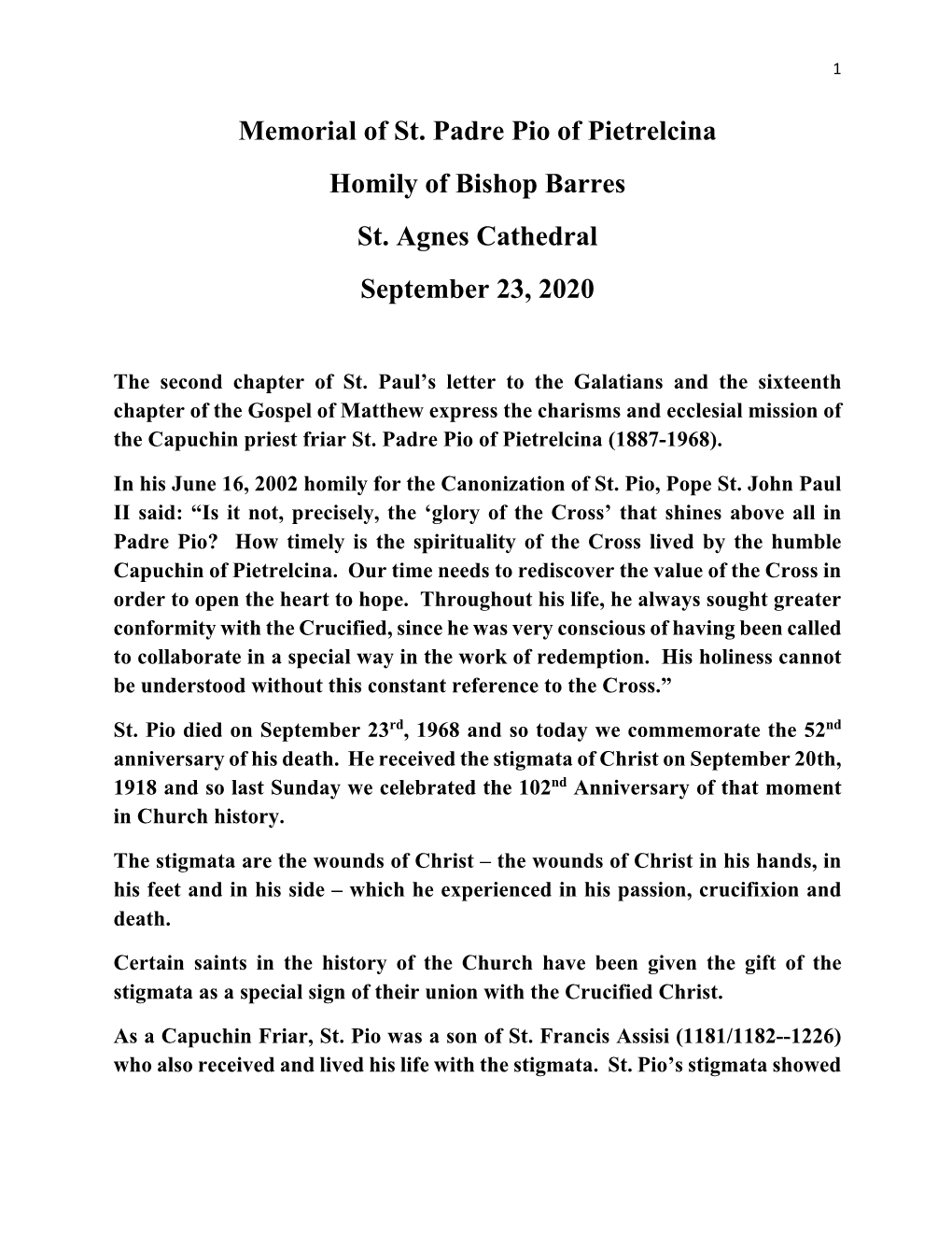 Memorial of St. Padre Pio of Pietrelcina Homily of Bishop Barres St