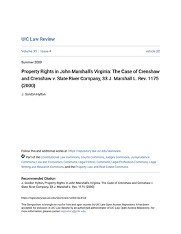 Property Rights in John Marshall's Virginia: the Case of Crenshaw and Crenshaw V