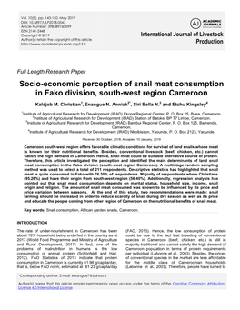 Socio-Economic Perception of Snail Meat Consumption in Fako Division, South-West Region Cameroon