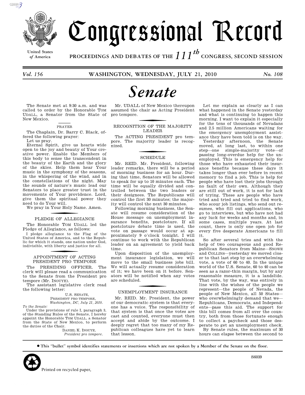 Congressional Record United States Th of America PROCEEDINGS and DEBATES of the 111 CONGRESS, SECOND SESSION