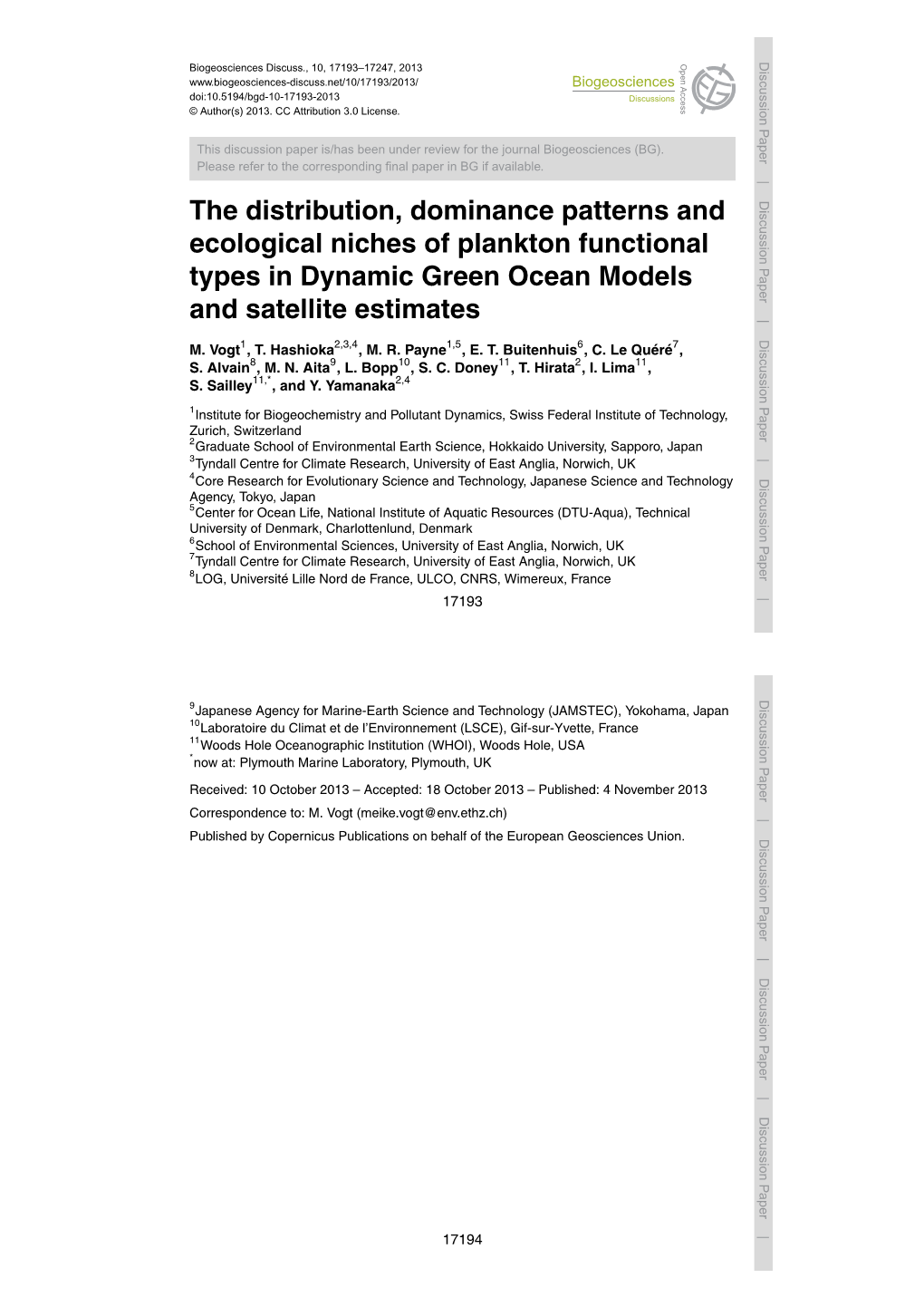 The Distribution, Dominance Patterns and Ecological Niches of Plankton Functional Types in Dynamic Green Oceanand Models Satellite Estimates M