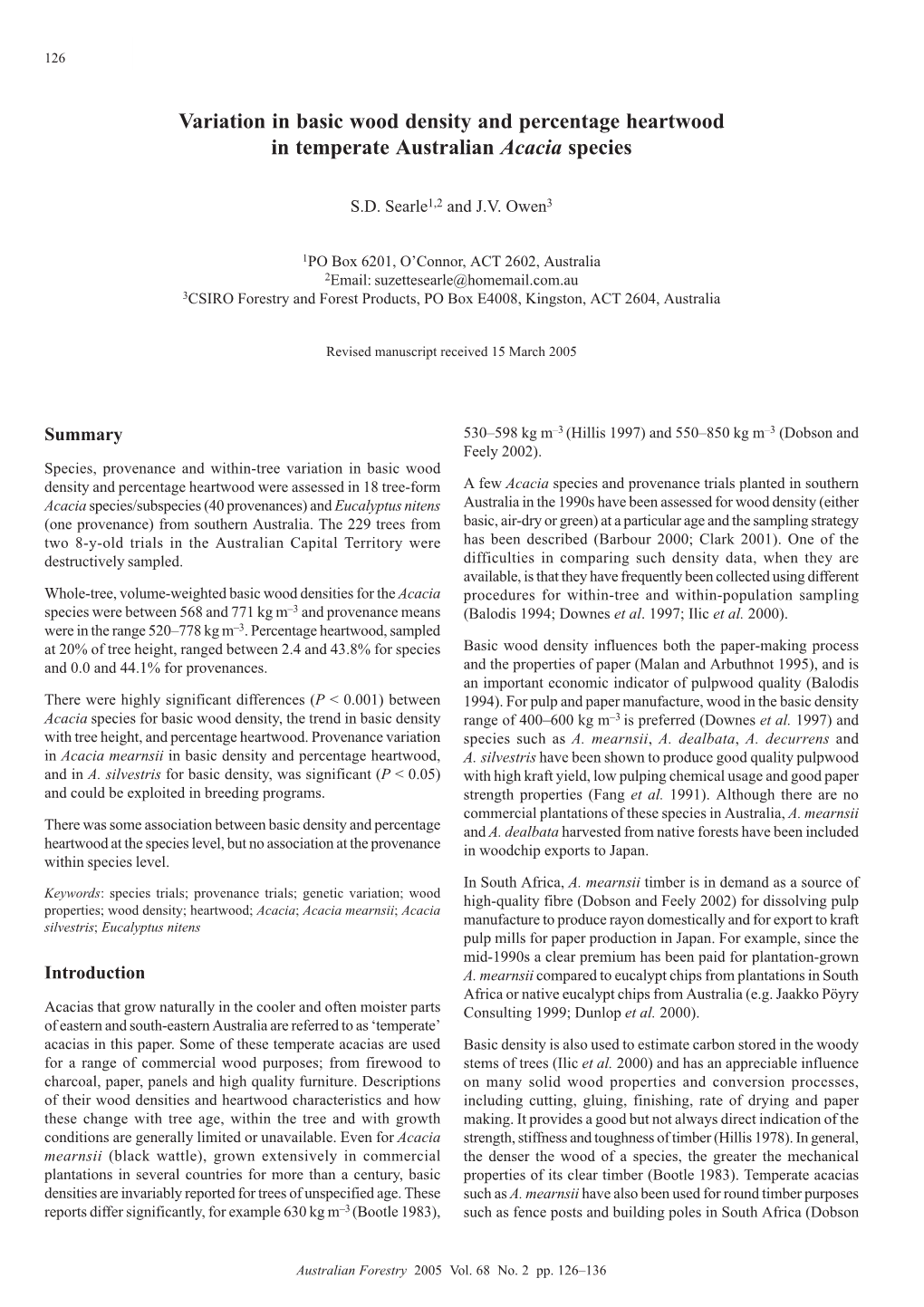 Variation in Basic Wood Density and Percentage Heartwood in Temperate Australian Acacia Species