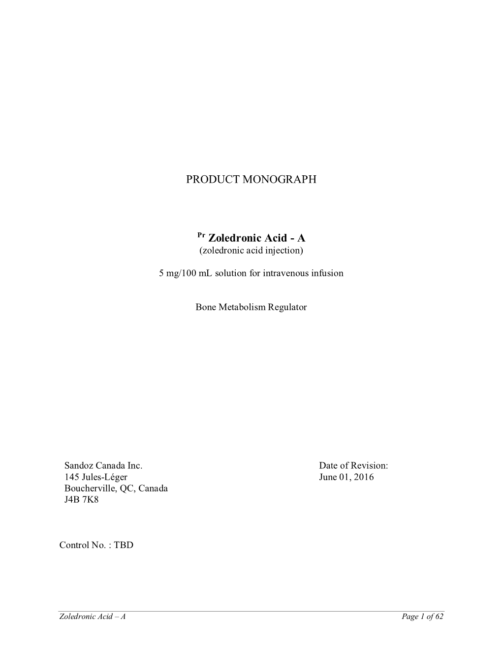 PRODUCT MONOGRAPH Pr Zoledronic Acid