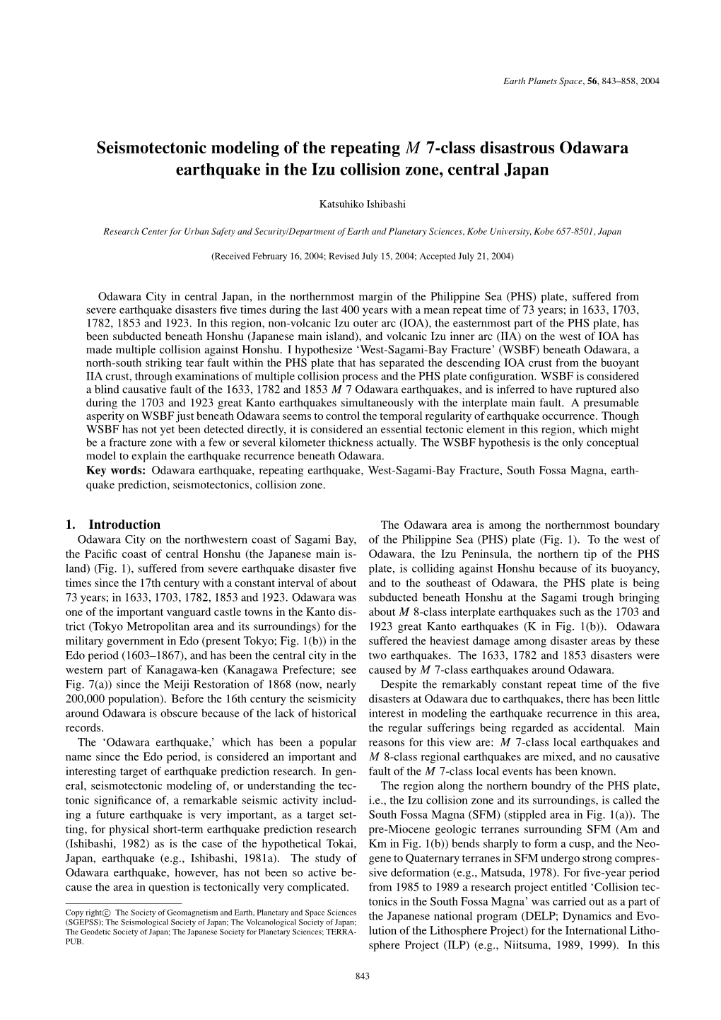 Seismotectonic Modeling of the Repeating M 7-Class Disastrous Odawara Earthquake in the Izu Collision Zone, Central Japan