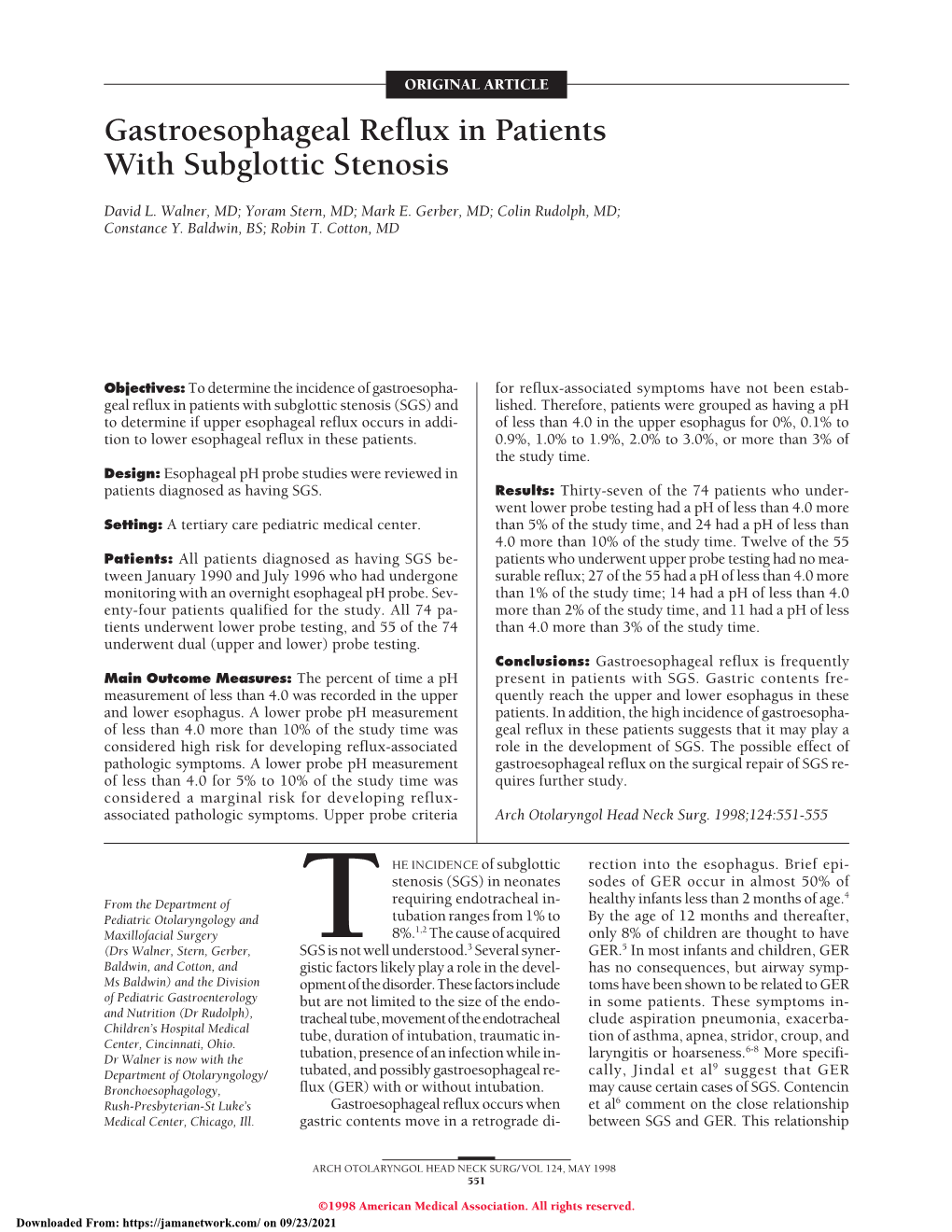 Gastroesophageal Reflux in Patients with Subglottic Stenosis