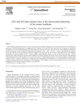 Gli2 and Gli3 Play Distinct Roles in the Dorsoventral Patterning of the Mouse Hindbrain ⁎ Mélanie Lebel A,B,1, Rong Mo A, Kenji Shimamura C, Chi-Chung Hui A,B