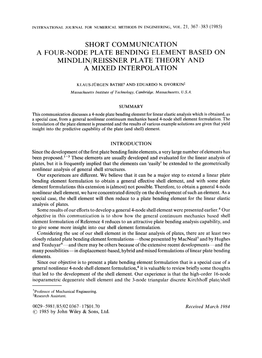 A Four-Node Plate Bending Element Based on Mindlin/Reissner Plate ...