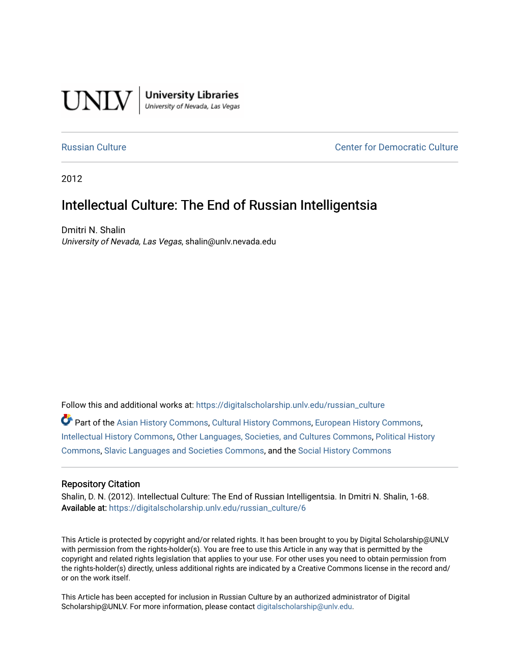 Intellectual Culture: the End of Russian Intelligentsia