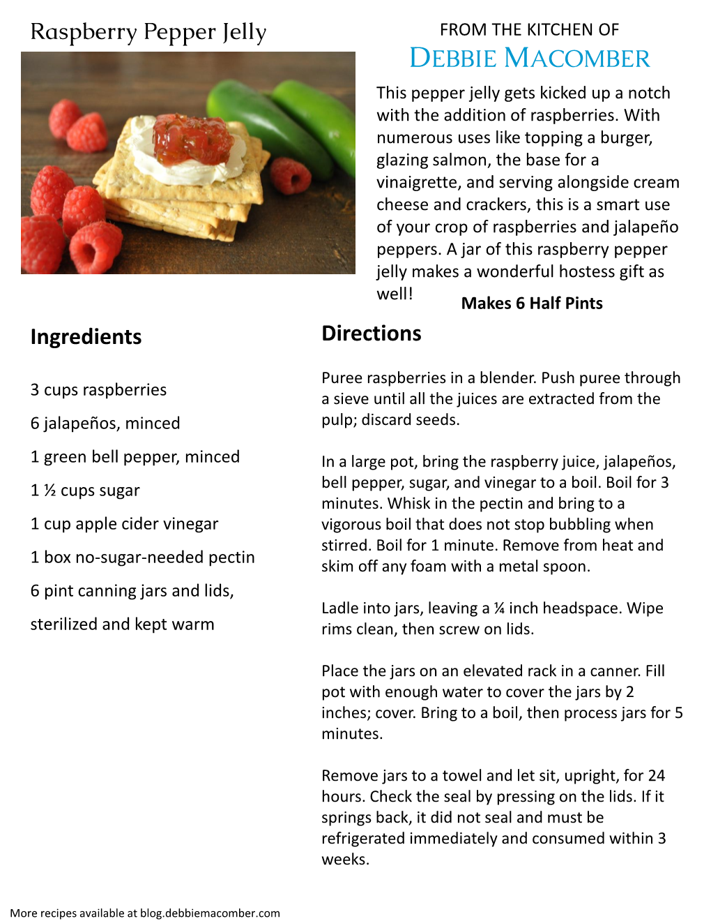 Raspberry Pepper Jelly Ingredients Directions DEBBIE MACOMBER