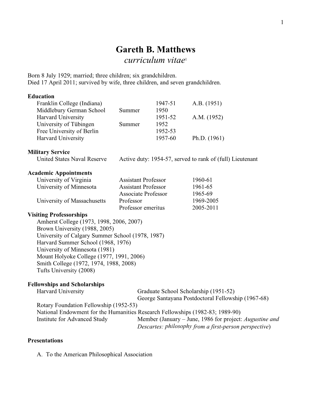 Gareth B. Matthews Curriculum Vitae1