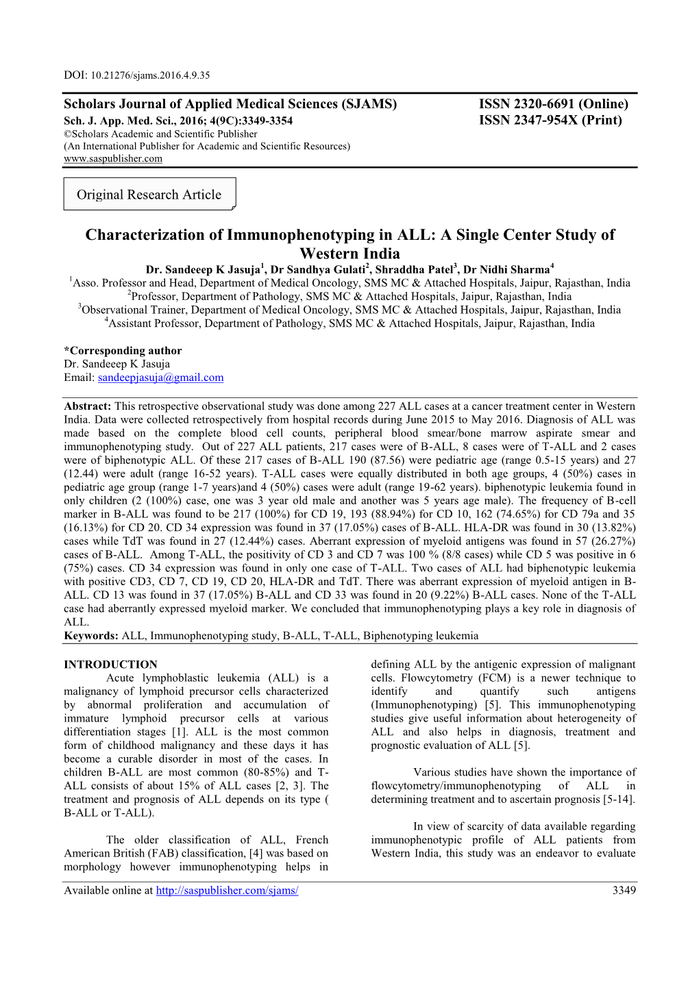 Characterization of Immunophenotyping in ALL: a Single Center Study of Western India Dr