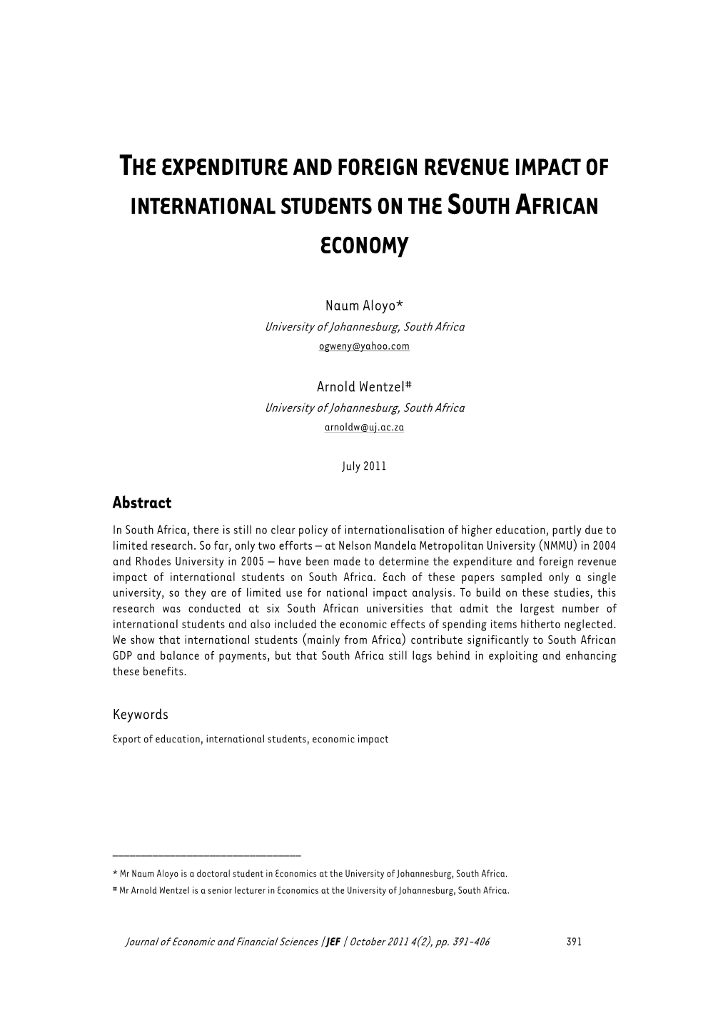 The Expenditure and Foreign Revenue Impact of International Students on the South African Economy