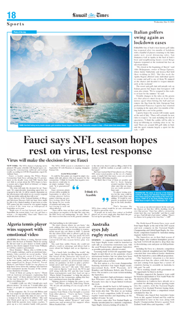 Fauci Says NFL Season Hopes Rest on Virus, Test Response Virus Will Make the Decision for Us: Fauci