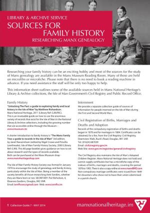 Sources for Family History RESEARCHING Manx Genealogy