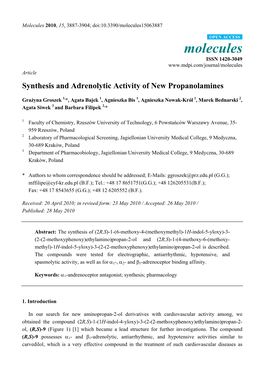 Synthesis and Adrenolytic Activity of New Propanolamines