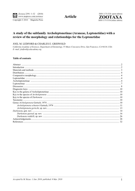 Zootaxa, a Study of the Subfamily Archoleptonetinae