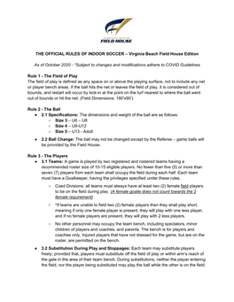 THE OFFICIAL RULES of INDOOR SOCCER – Virginia Beach Field House Edition