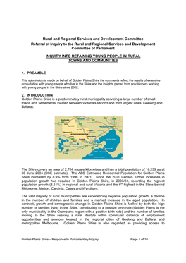 Rural and Regional Services and Development Committee Referral of Inquiry to the Rural and Regional Services and Development Committee of Parliament