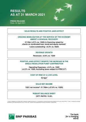 BNP Paribas Group: Results As at 31 March 2021