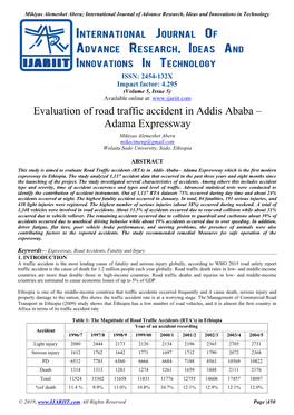 Evaluation of Road Traffic Accident in Addis Ababa – Adama Expressway Mikiyas Alemeshet Abera Mikectmeng@Gmail.Com Wolaita Sodo University, Sodo, Ethiopia