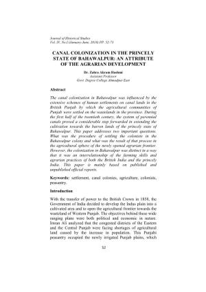 Canal Colonization in the Princely State of Bahawalpur: an Attribute of the Agrarian Development