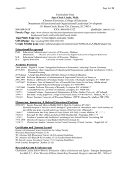 Curriculum Vitae Jane Clark Lindle, Ph.D. Clemson University, College of Education Department of Educational and Organizational