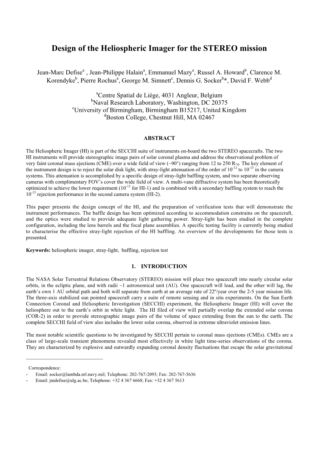 Design of the Heliospheric Imager for the STEREO Mission