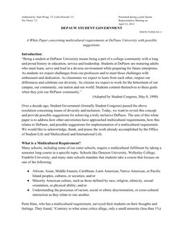 DEPAUW STUDENT GOVERNMENT a White Paper