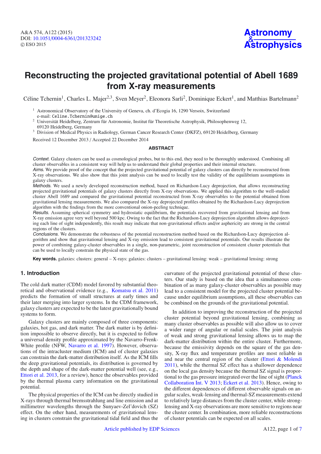 Reconstructing the Projected Gravitational Potential of Abell 1689 from X-Ray Measurements Céline Tchernin1, Charles L