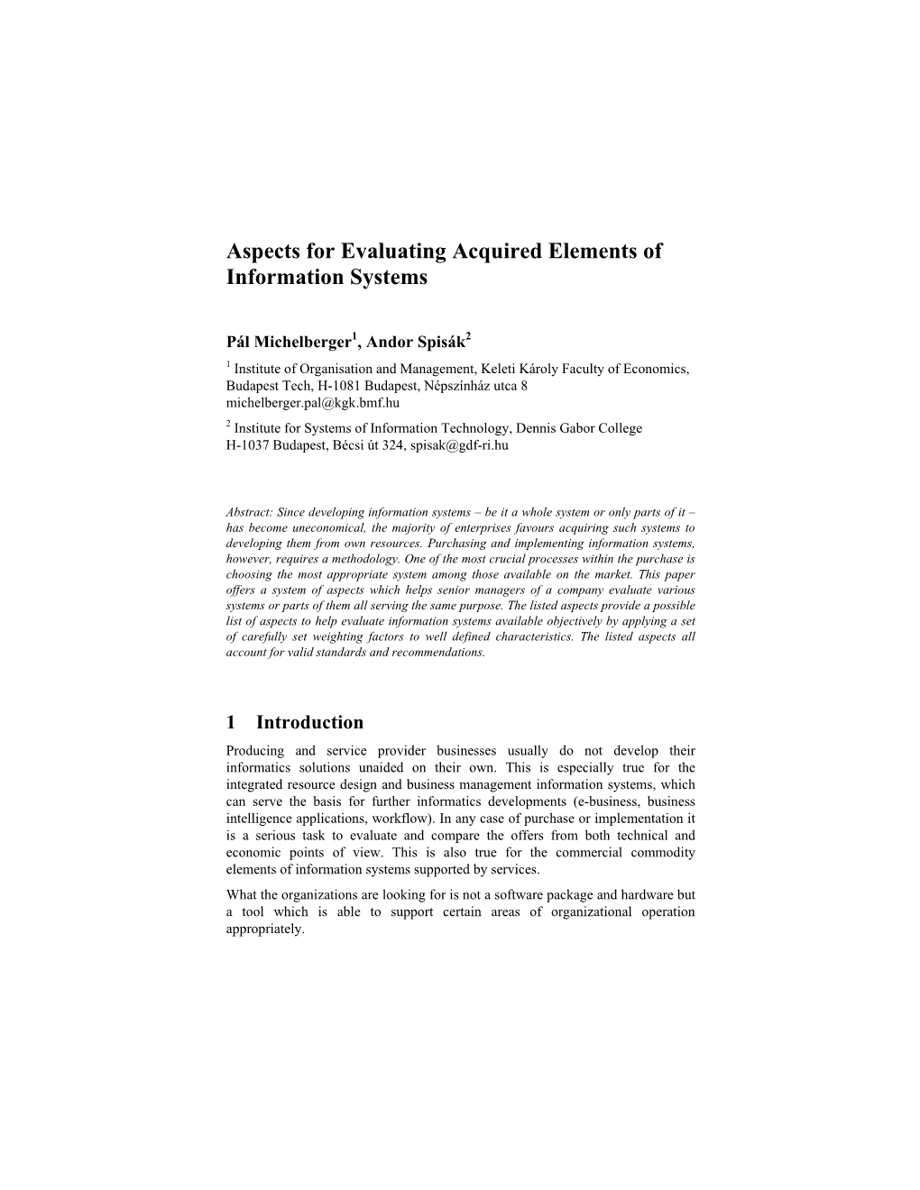 Aspects for Evaluating Acquired Elements of Information Systems