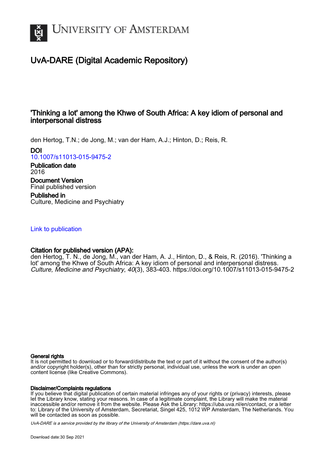 Among the Khwe of South Africa: a Key Idiom of Personal and Interpersonal Distress Den Hertog, T.N.; De Jong, M.; Van Der Ham, A.J.; Hinton, D.; Reis, R