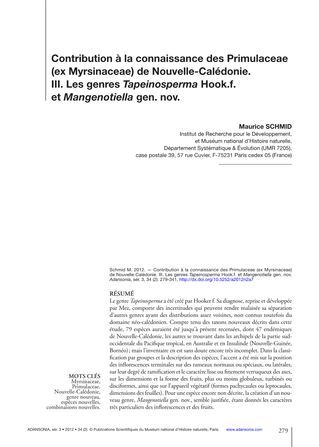 Contribution À La Connaissance Des Primulaceae (Ex Myrsinaceae) De Nouvelle-Calédonie