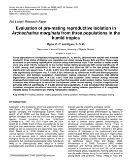 Evaluation of Pre-Mating Reproductive Isolation in Archachatina Marginata from Three Populations in the Humid Tropics
