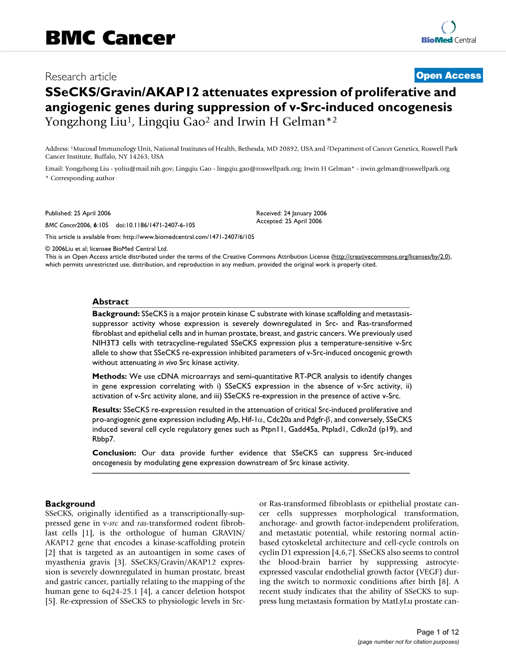 Ssecks/Gravin/AKAP12 Attenuates Expression of Proliferative And