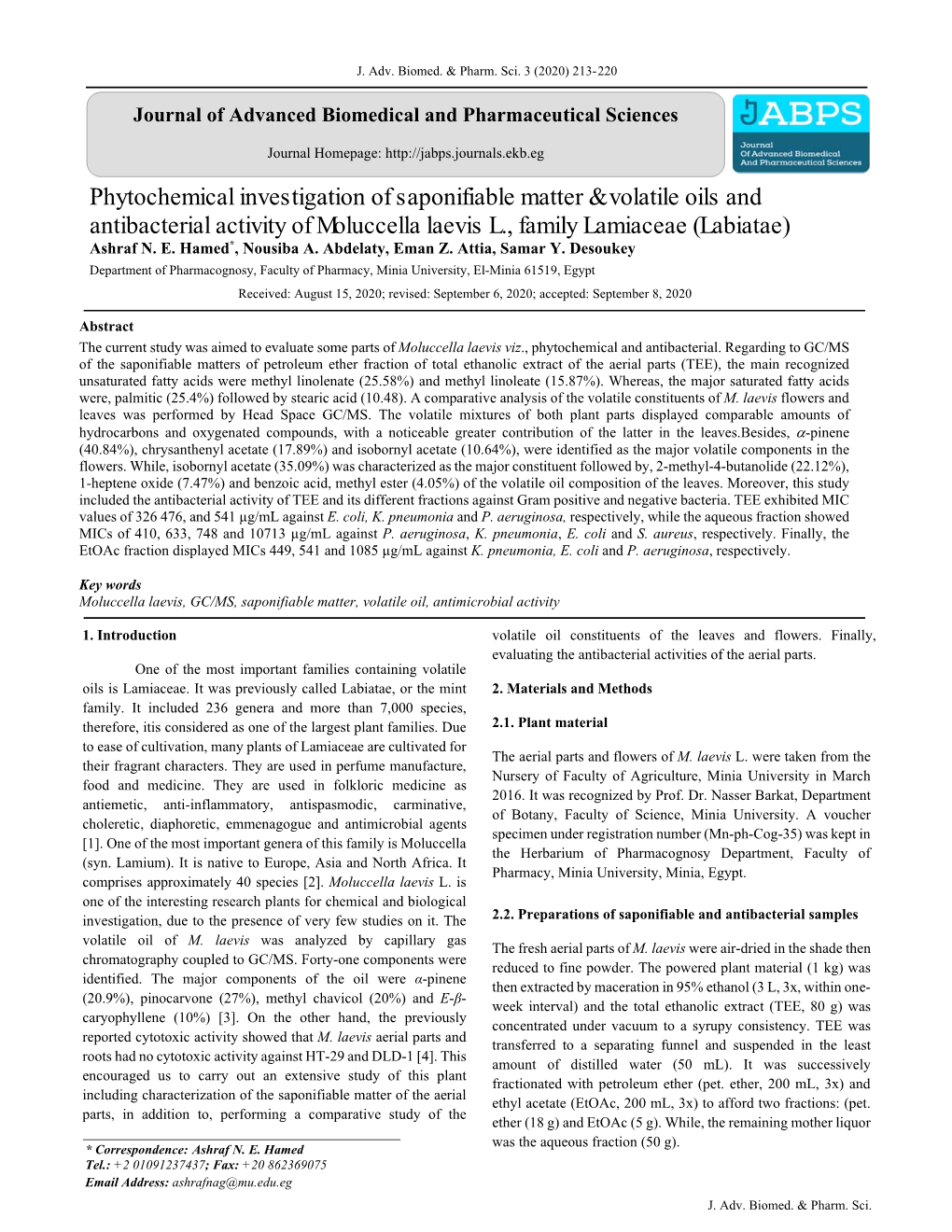 Phytochemical Investigation of Saponifiable Matter & Volatile Oils