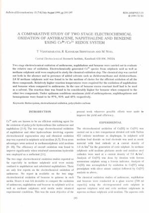 A COMPARATIVE STUDY of TWO STAGE ELECTROCHEMICAL OXIDATION of ANTHRACENE, NAPHTHALENE and BENZENE USING Ce4+/Ce3+ REDOX SYSTEM