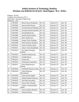 Indian Institute of Technology, Bombay Division Wise Roll-List for B.Tech / Dual Degree / B.S